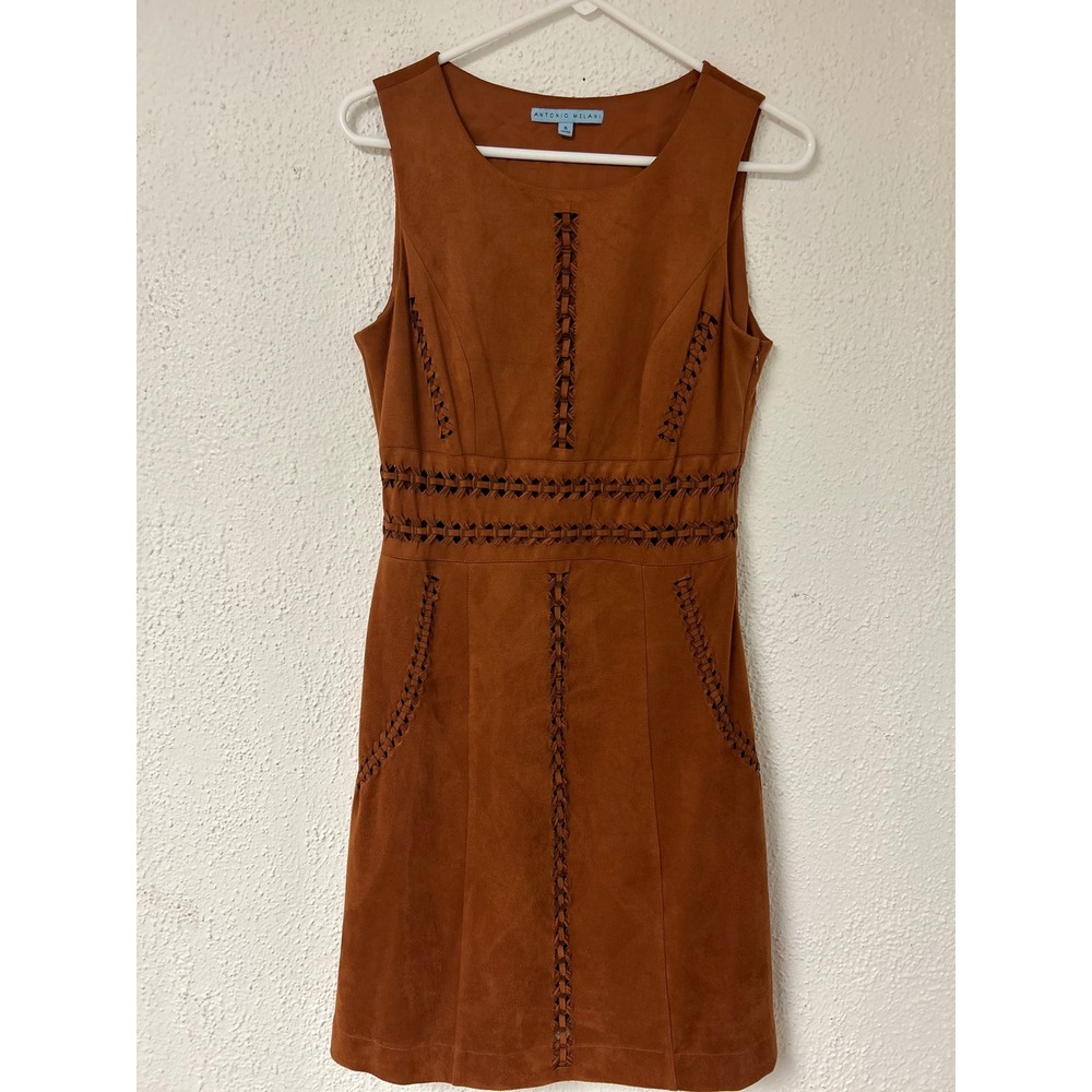 Antonio Melani Faux Suede Whipstitch Cutout Sheath Dress Cognac Brown 6